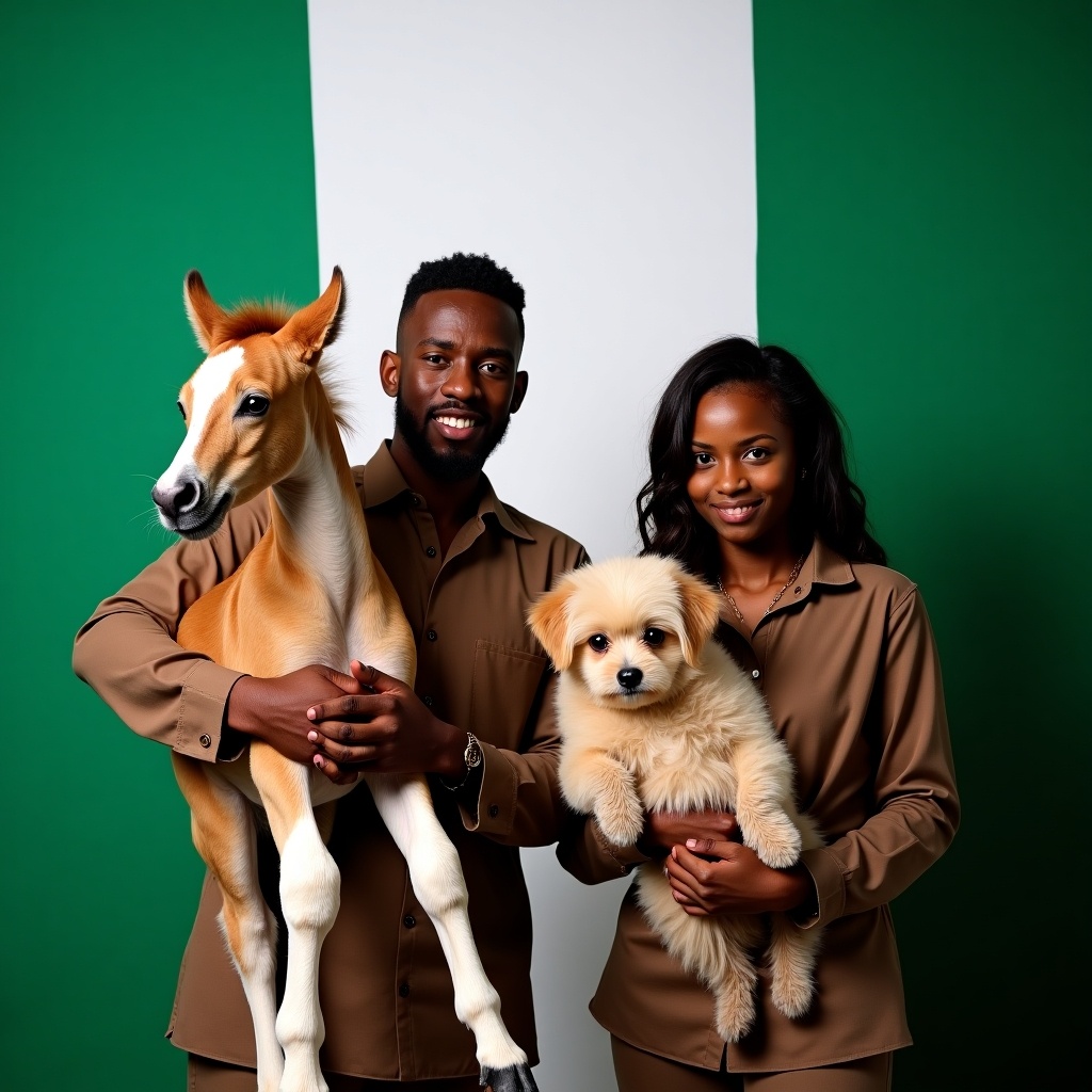 Two individuals stand with a baby horse and a Cavachon. They are against a backdrop of the Nigerian flag. The Cavachon is held by one individual. The other cradles the baby horse. The scene conveys patriotism. Bright lighting highlights the animals and flag.