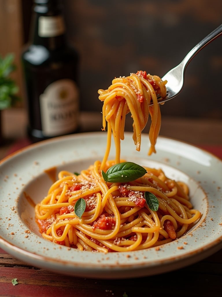 A fork lifting a serving of spaghetti from a plate. The plate is filled with pasta, garnished with fresh basil and grated cheese. A bottle of beer is slightly blurred in the background.