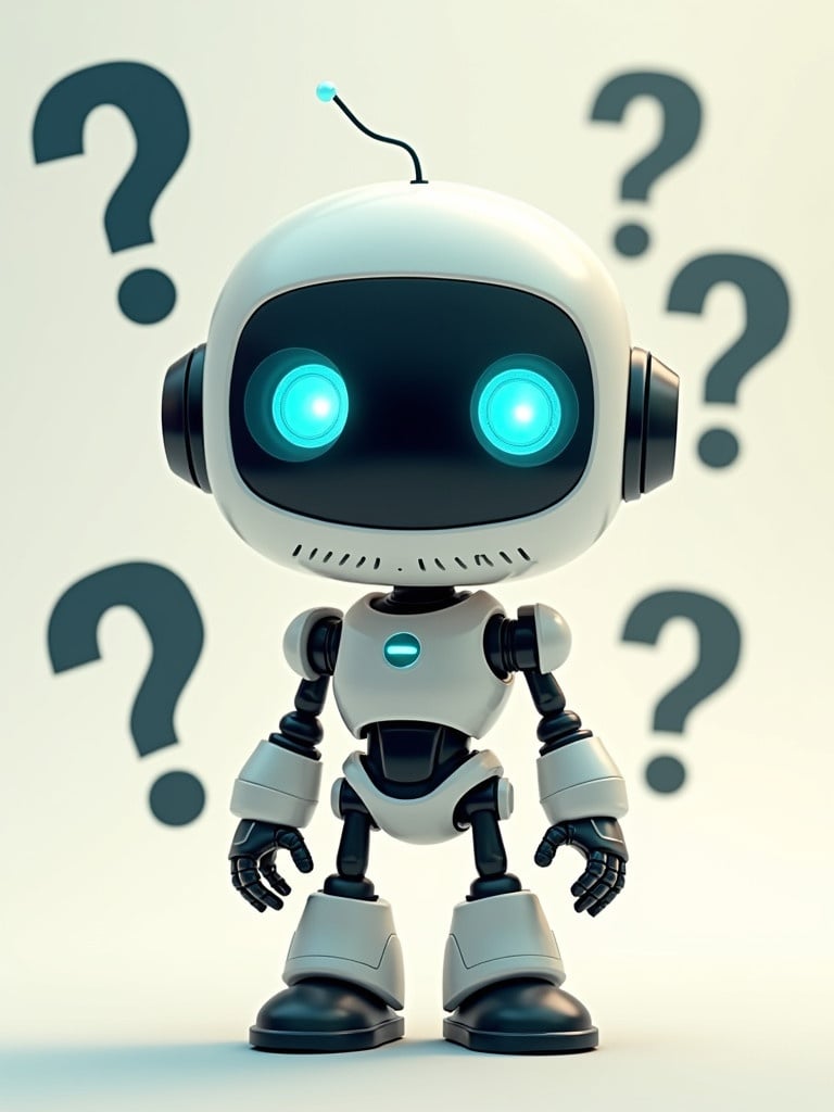 A cute robot has a rounded head. Robot features glowing blue eyes. Robot stands surrounded by question marks.