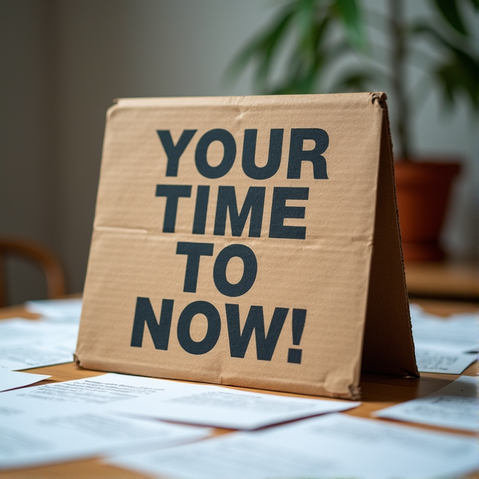 A cardboard sign on a table displays the bold motivational message 'YOUR TIME TO NOW!' surrounded by scattered papers, with a plant in a pot in the background.