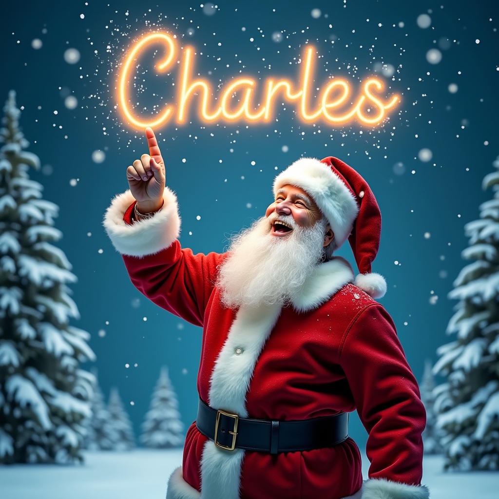 The image depicts a joyful Santa Claus standing in a winter wonderland. He is dressed in his traditional red suit with white trim and a matching hat. Santa is pointing upward as if he is magically writing a name in the sky. Snowflakes gently fall around him, adding to the festive atmosphere. In the sky, the name 'Charles' is written in bright, glowing letters. The background features snowy trees, enhancing the Christmas scene.