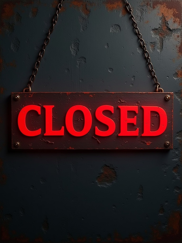 Sign displaying the word 'CLOSED' in bold red text. Background features a dark and textured industrial look. Overall design appears rough and slightly weathered. Texture adds a vintage feel to the sign.