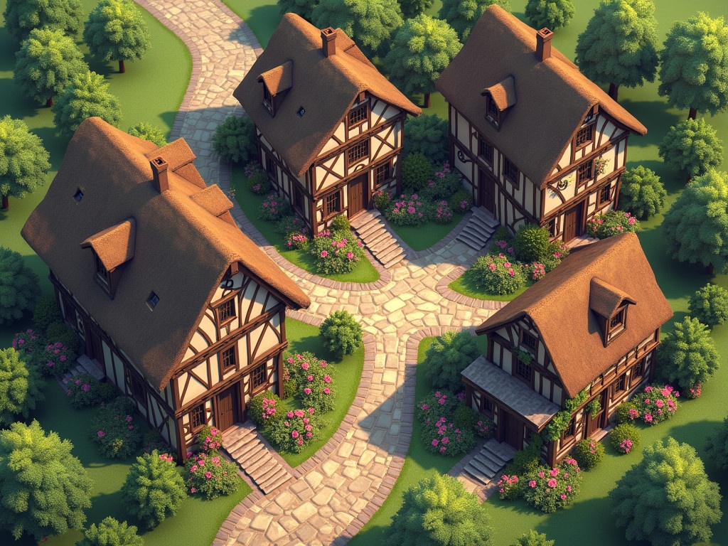 Image shows an isometric view of a medieval town center. Two-story half-timbered houses with thatched roofs are present. Ground floors feature artisan shops. Surrounding are workshops like blacksmiths and carpenters. Farms appear at the town's edge. Spring season brings colorful flowers. Town blends into meadows and forests.