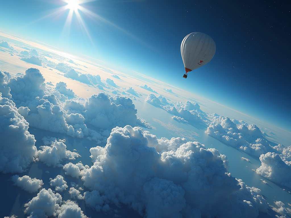 A hot air balloon drifts through a stunning sky, surrounded by billowing clouds and illuminated by a radiant sun.