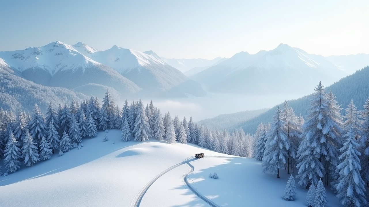 This image captures a breathtaking winter landscape from a bird's-eye view. Light snow is gently falling, covering the mountains in a beautiful white blanket. Pine trees stand tall and heavy with snow, enhancing the serene atmosphere. A winding road snakes through the scene, with a solitary vehicle appearing small against the vastness of the snowy terrain. The soft light reflects off the landscape, creating a peaceful and inviting winter scene.