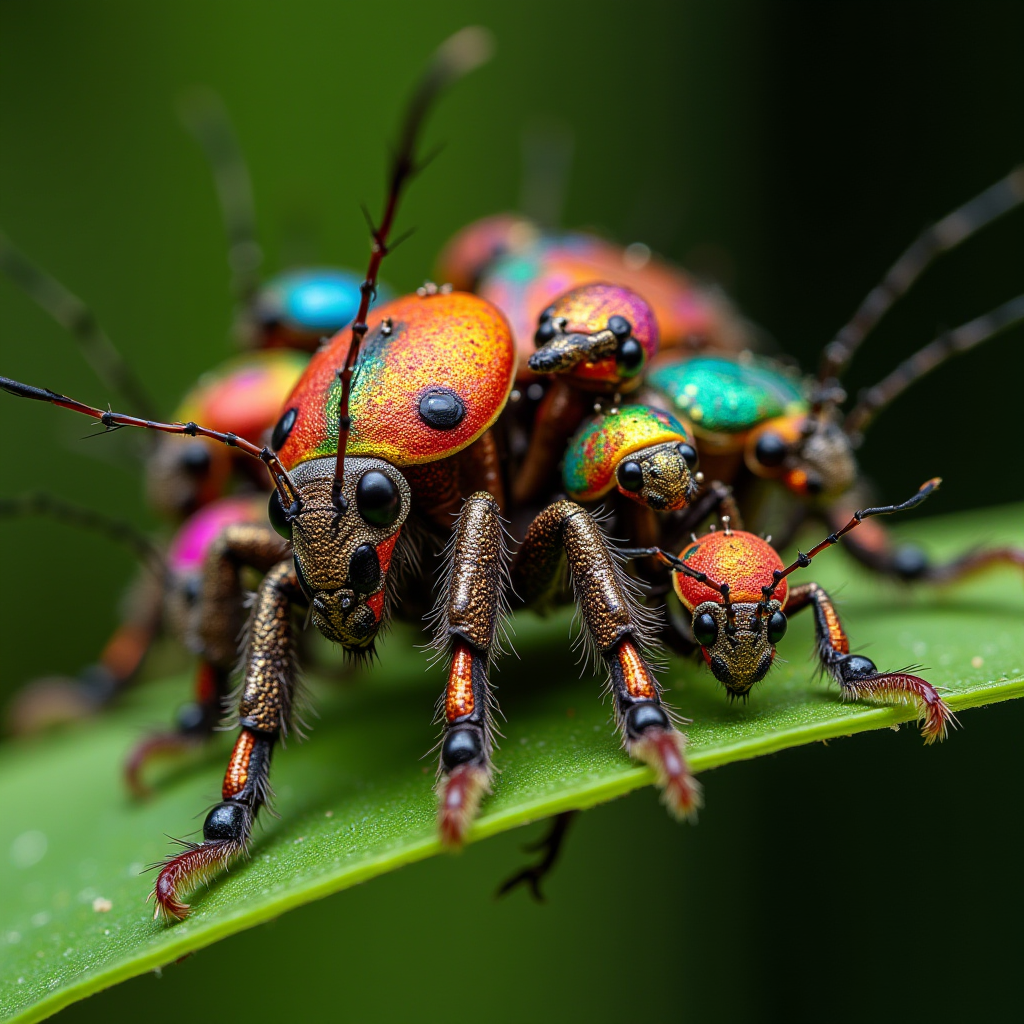 A cluster of vibrant, multicolored beetles on a leaf, showcasing their iridescent exoskeletons.