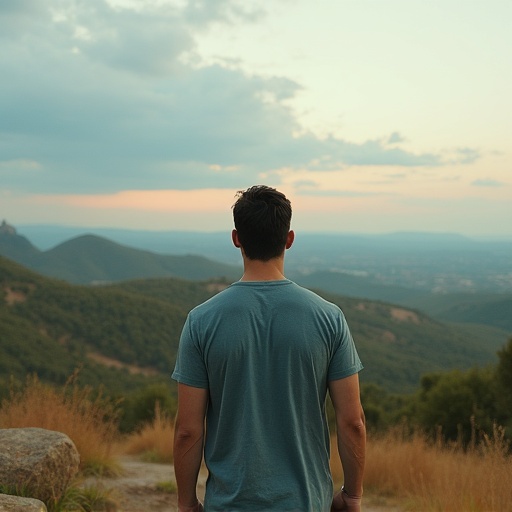 A landscape shot captures a man standing with his back to the camera. The man is looking at a vast landscape in the background during sunset. The scene features rolling hills and a colorful sky. The man is wearing a teal shirt.