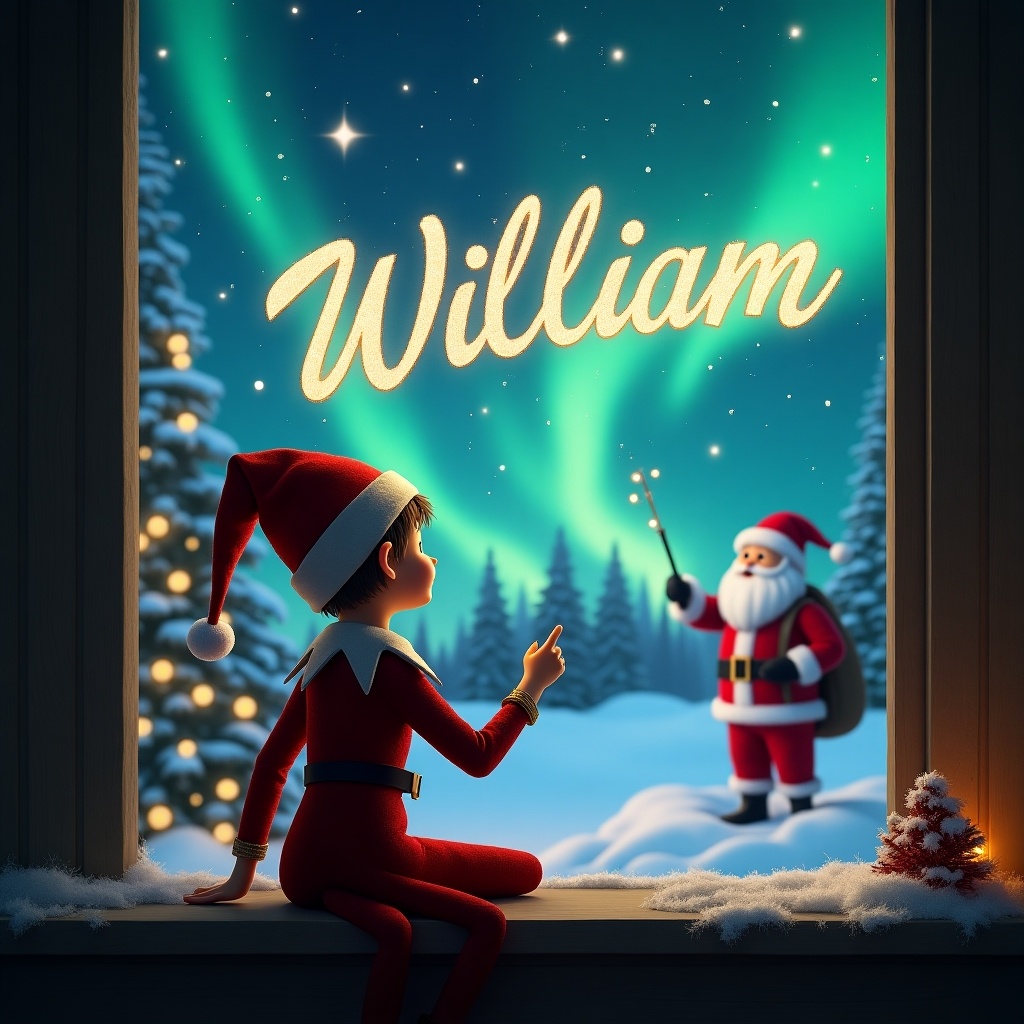 Elf sits on a window ledge facing the night sky. Magical northern lights in the background. Santa in the distance. Elf uses a wand to write the name 'William' in the sky. Cozy Christmas atmosphere.