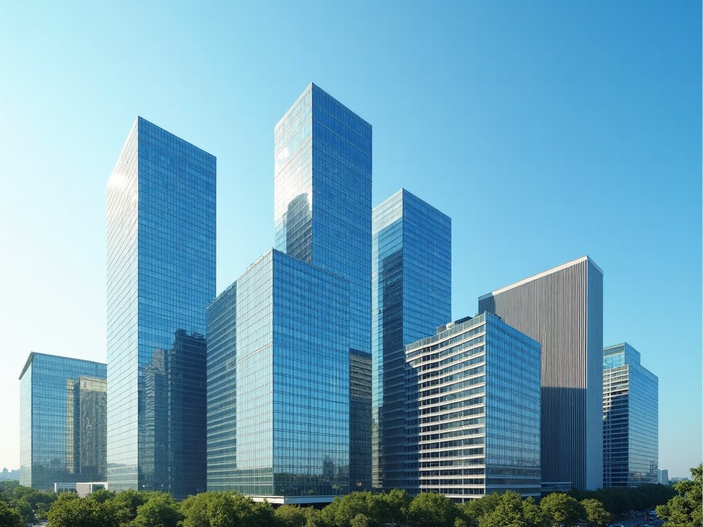 The image depicts a modern skyline featuring a cluster of glass skyscrapers. The buildings are tall and sleek, showcasing a contemporary architectural style. The scene is set under a bright blue sky with minimal clouds, highlighting the reflective surfaces of the glass. Lush greenery is visible at the base, providing a contrast to the urban environment. This image represents urban development and modern city life.