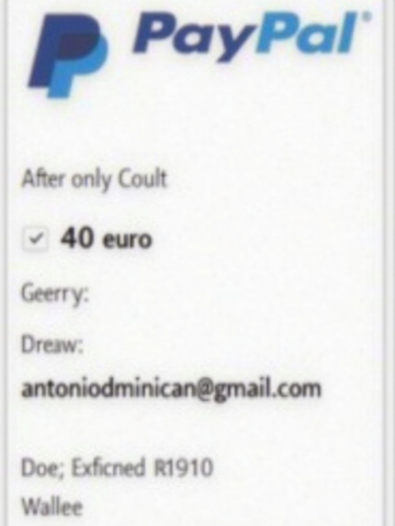 Proof of payment document shows transaction details with amount in euros. Document clearly displays PayPal logo. Payment completed towards an email address. Layout is clean and emphasizes readability with bold text elements.