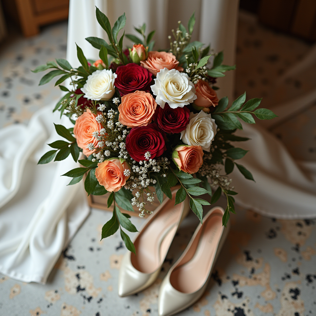 The image shows a bouquet of red, white, and peach roses with greenery, placed beside a pair of elegant white high-heeled shoes on a patterned floor.