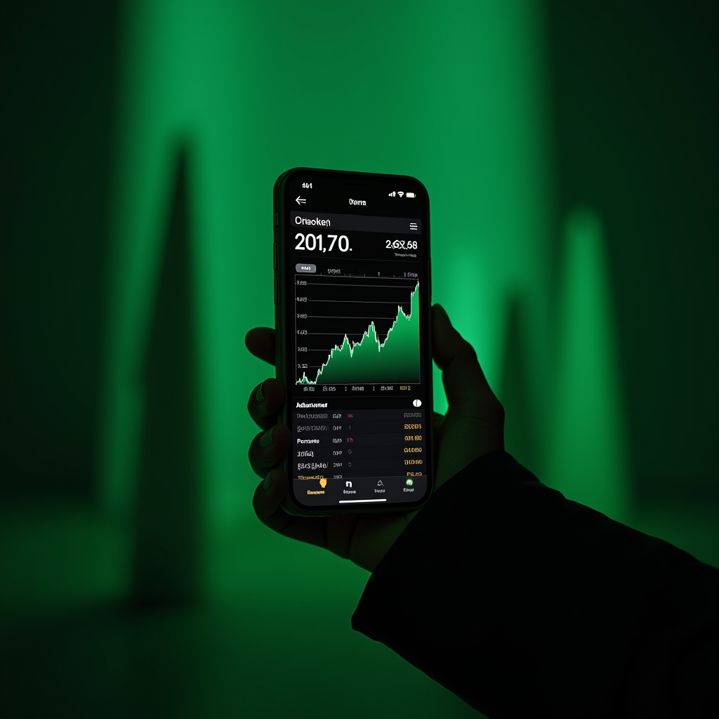 A hand holds a smartphone displaying rising stock trends against a vivid green backdrop.