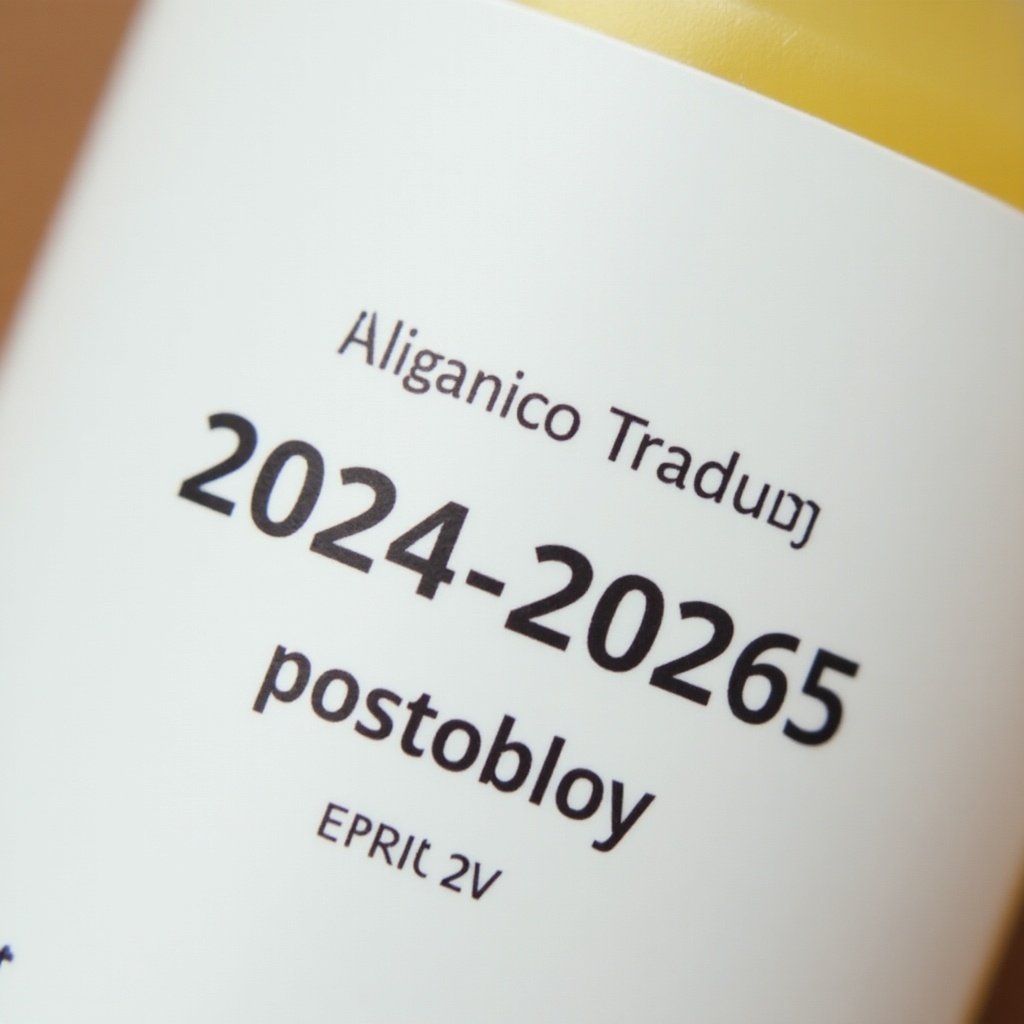 Close-up view of a product label displaying the expiration date 2024-2026. The product name is Aliganico Traduc and includes the term postobloy.