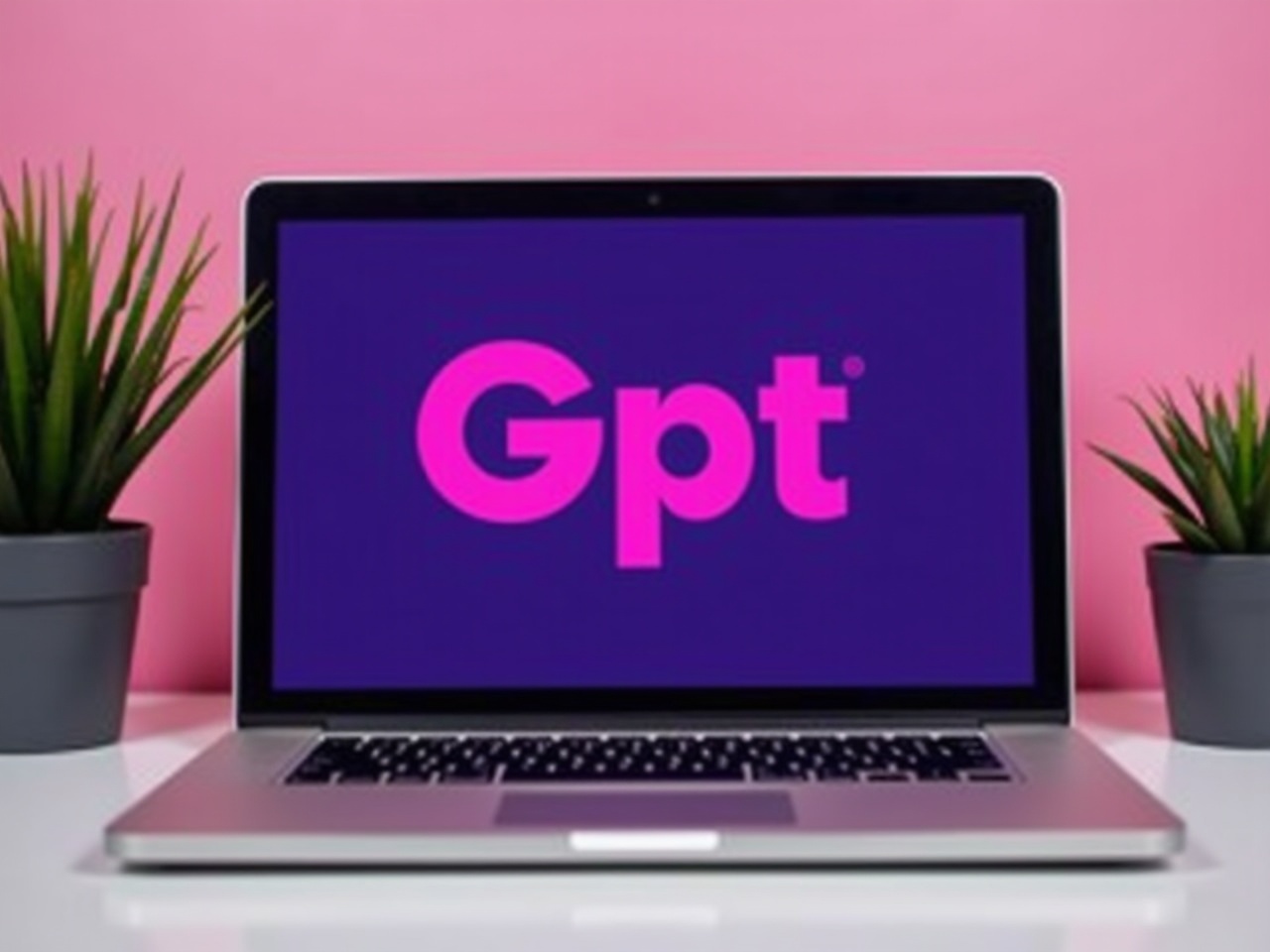 A laptop sits on a clean white surface, prominently displaying the word 'Gpt' in bright pink. The background is a vibrant purple, creating a striking contrast. Flanking the laptop are two potted plants, adding a touch of greenery to the scene. This setup suggests a modern and creative workspace. The overall aesthetic is sleek and inviting, perfect for tech promotions or educational materials.