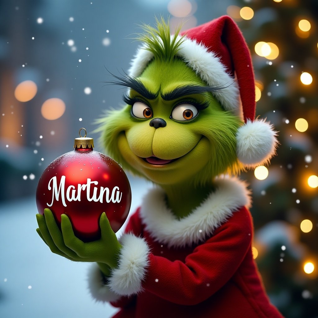 Grinch character holds a Christmas bauble with name Martina. Background shows snow and decorated Christmas lights.