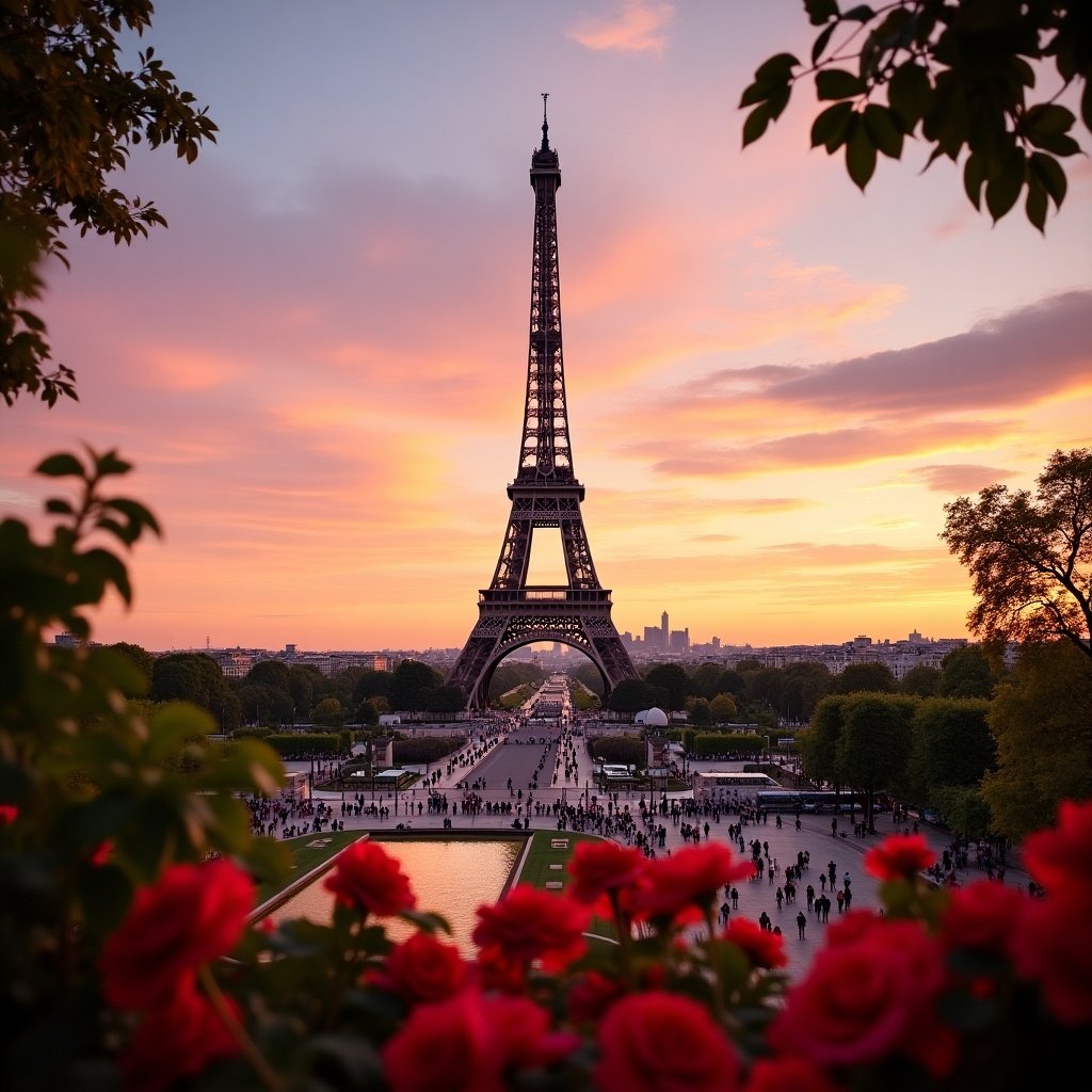 Photograph of the Eiffel Tower during sunset. Colorful sky with pink and orange hues. Foreground features vibrant flowers. Scene filled with tourists.