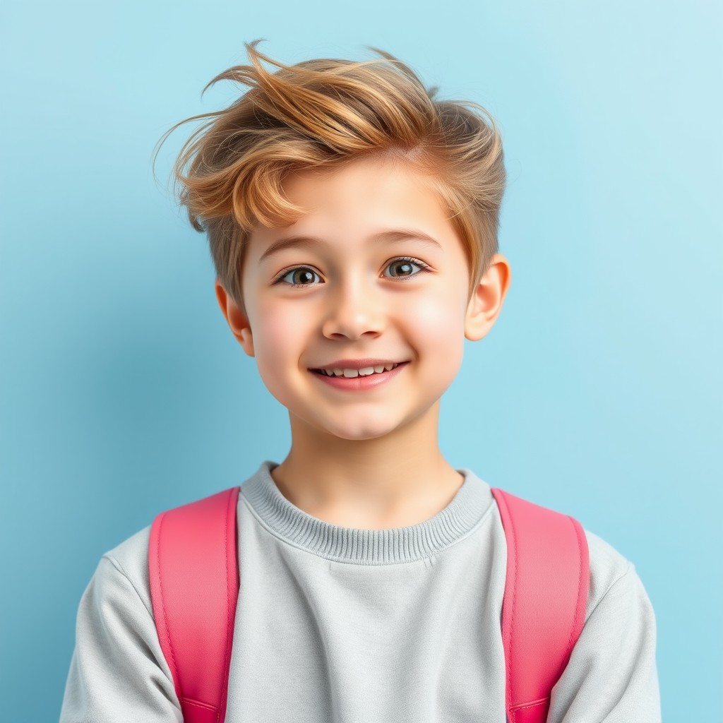 A young child smiling brightly against a blue background, wearing a pink backpack.