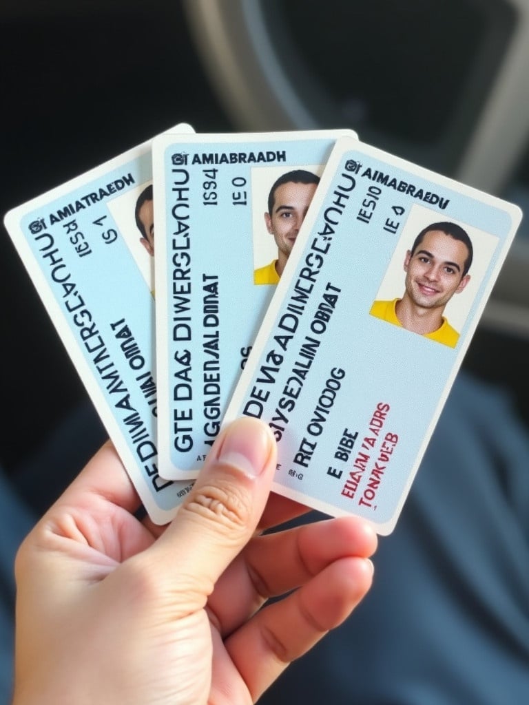 Three driver's licenses shown in a hand. Each license has identification information printed on it. Background unobtrusive to focus on licenses.