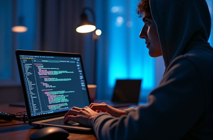 A person in a hoodie is intensely working on a laptop with code on the screen, set against a dimly lit room with a blue background.