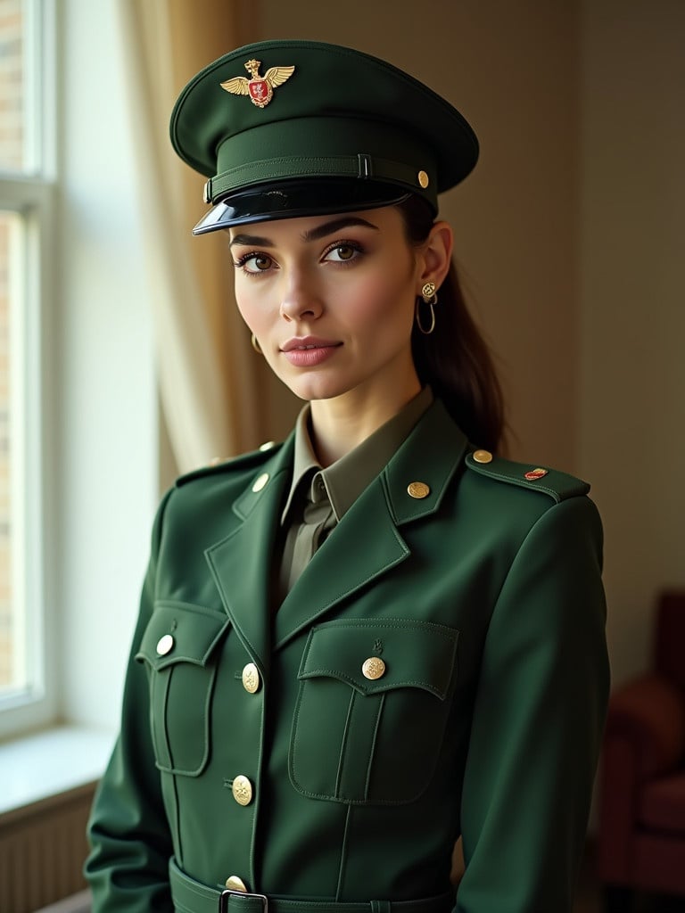 A woman stands indoors wearing a green military-style uniform and cap. The uniform reflects authority and style. Natural light illuminates her features, enhancing her elegance. She has a serious yet approachable expression. This composition combines military tradition with contemporary fashion while she interacts with a little boy.