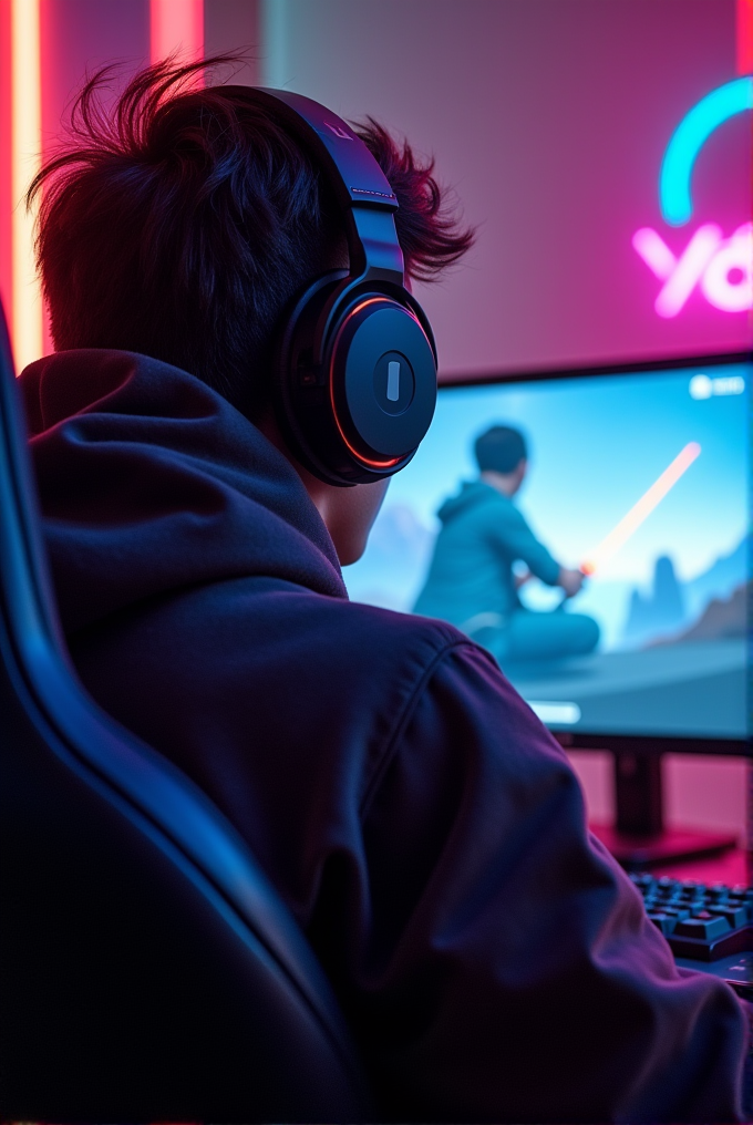 A person wearing headphones is engrossed in playing a video game, sitting in a dimly lit room with neon lights accentuating the modern setup.