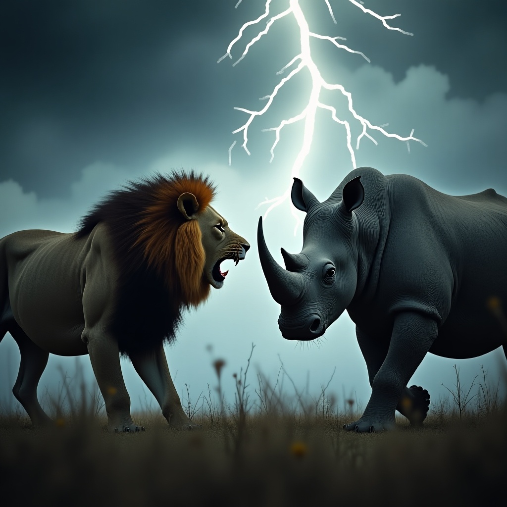 A fierce confrontation exists between a lion and a rhino against a stormy backdrop. The lion growls with a majestic mane. The rhino stands firm with a massive body and distinctive horn. Dark clouds loom with lightning illuminating their faces. The scene emphasizes raw energy and tension between iconic animals.