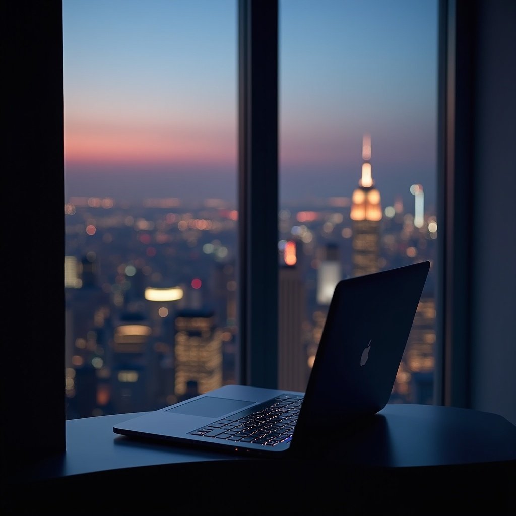 A laptop sits on a windowsill overlooking a lit-up city skyline at dusk. The vibrant city lights create a warm ambiance contrasting the cool evening sky.