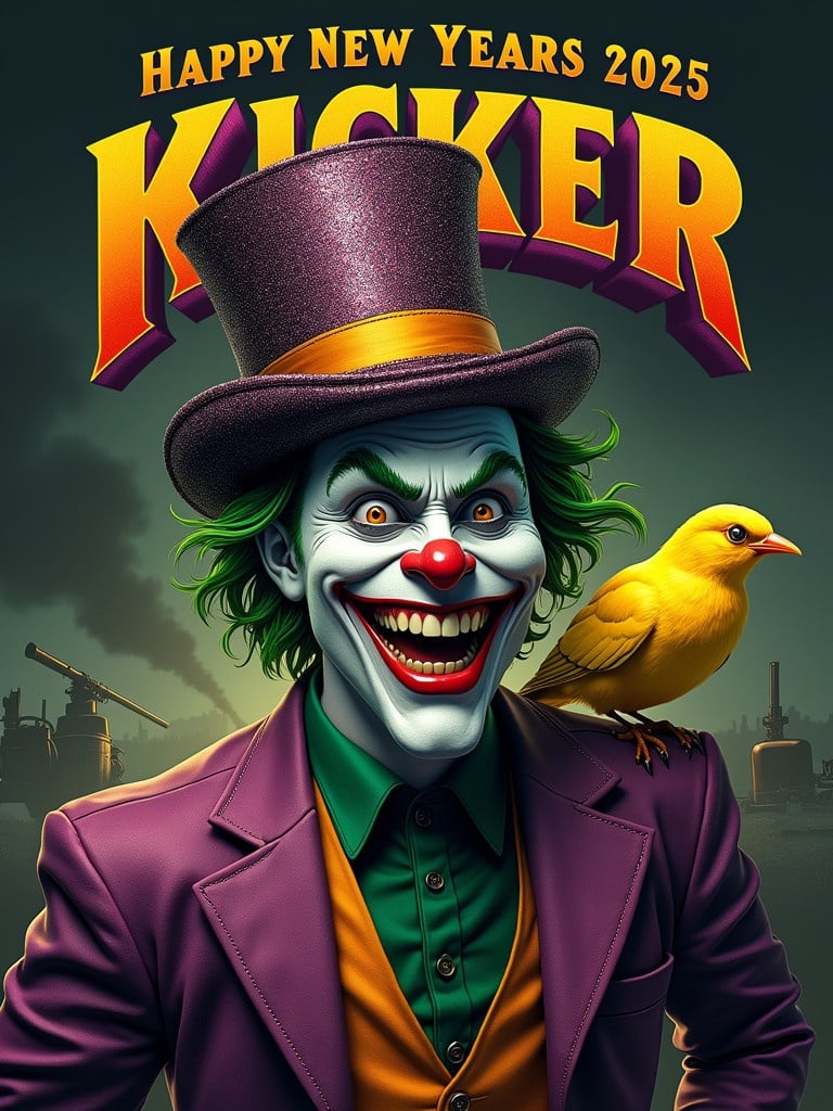 A Joker with vibrant green hair in a sparkling Happy New Year’s 2025 top hat. Grins maniacally while a yellow canary sits on his shoulder. Dark warzone background with bold text Kicker and ominous subtext Canary Killers For All.