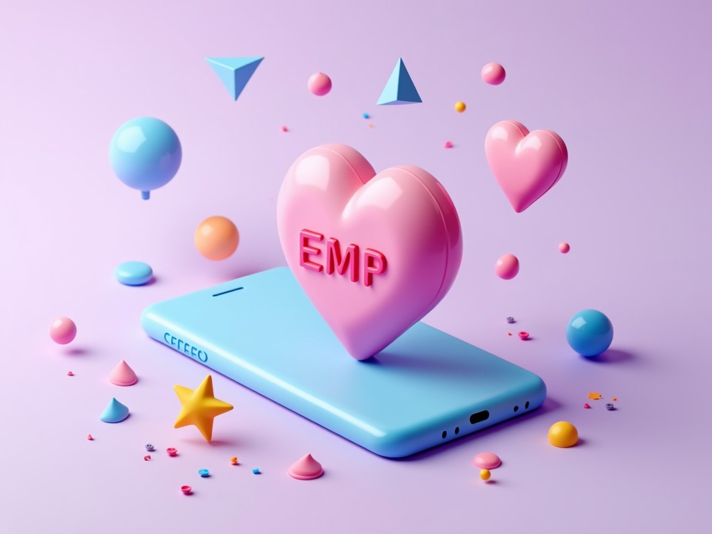 This vibrant digital art piece features a blue smartphone with a large pink heart marked 'EMP' resting on top, surrounded by various geometric shapes and colorful orbs floating in a soft lavender space. The playful composition and pastel color palette evoke a sense of whimsy and modern romance, suggesting connections and emotions in the digital age.