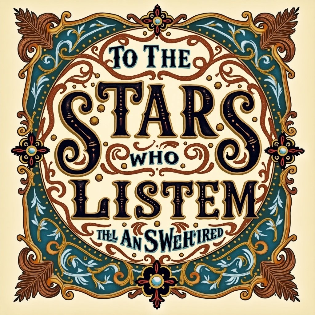 A Victorian ornamental design features intricate borders surrounding decorative typography. Text reads 'To the Stars Who Listen and The Dreams That Answered.' Ornate patterns and colors embellish the design.