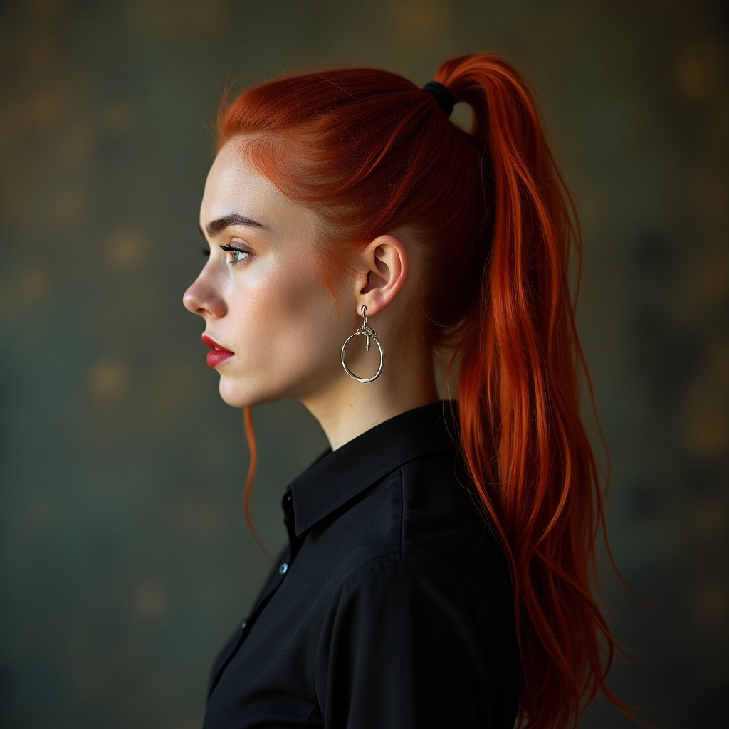 Profile portrait of a young woman with long red hair in a ponytail. She wears a black shirt and large earrings. Subject appears stylish with an alternative goth aesthetic.