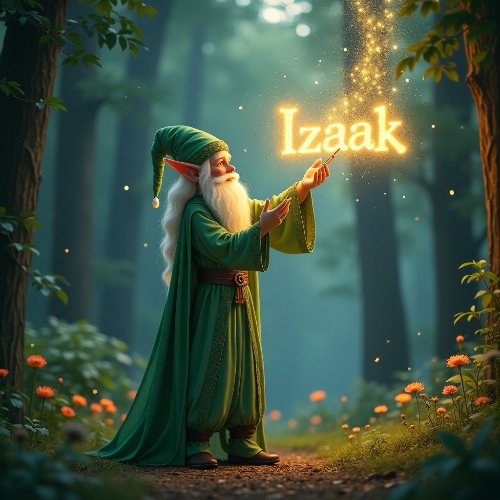 Elf in a green robe writing Izaak in the air. Enchanted forest backdrop. Magical ambiance with glowing effects.