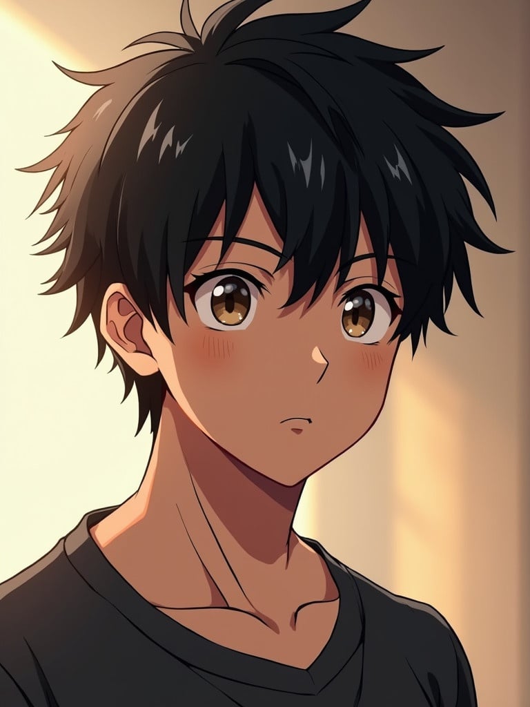 Vivid anime character features black messy hair. Character is fit and appears around 30 years old. Captured in soft lighting with brown eyes.