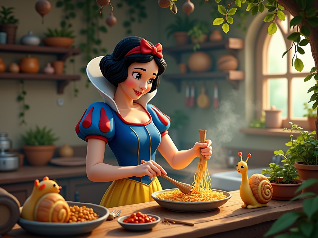 In a lush, inviting kitchen filled with plants and warm sunlight filtering through a window, an animated character stands gracefully cooking pasta. The room is rustic yet whimsical, with cheerful details like giggling snails around the counter. The overall scene evokes a sense of charm and fairy-tale wonder.