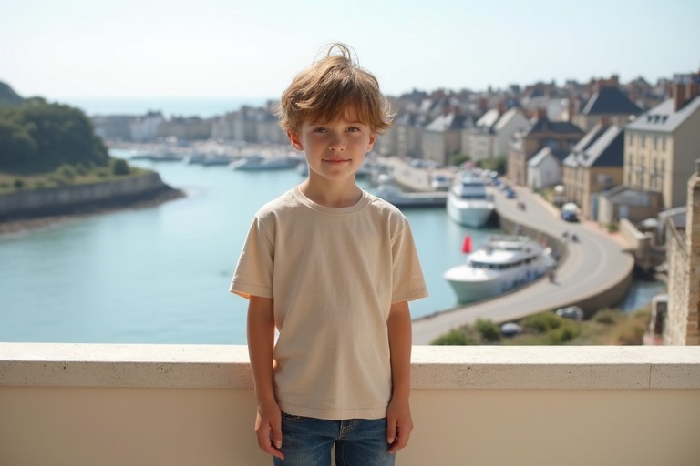 A young boy stands on a balcony. He wears a large natural-colored T-shirt and blue jeans. Colorful ankle socks are visible. The boy has short light brown hair. He appears shy and sweet. The background depicts a sunny harbor in Normandy. The scene conveys peace and quiet.