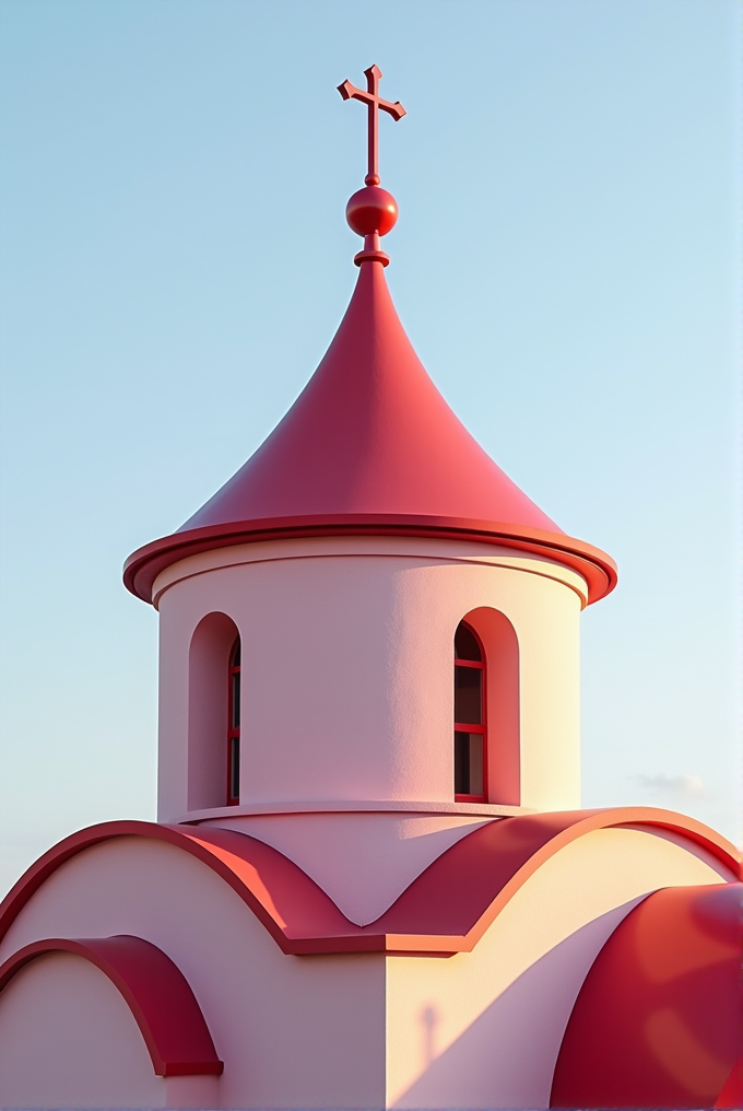 A pink dome with a red cross on top, against a clear blue sky.