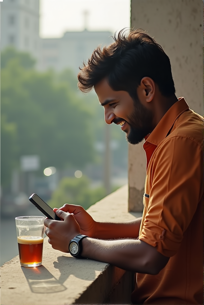 A man in an orange shirt leans against a balcony railing, smiling as he looks at his smartphone, with a glass of tea beside him and a sunlit urban landscape in the background.