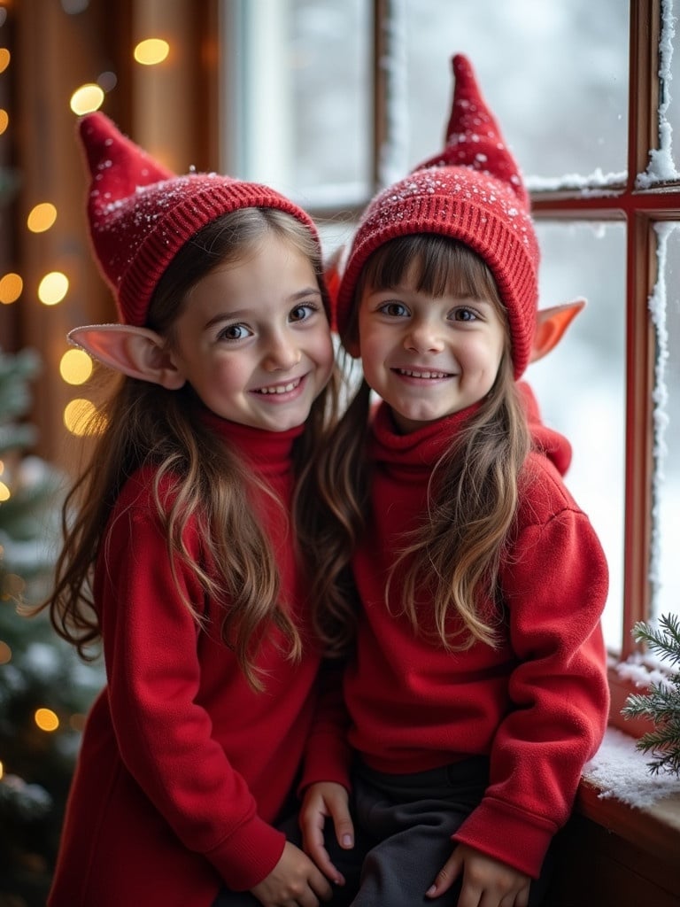 Elf children in cozy indoor setting posing joyfully in front of snowy window. Warm lights blur in background. They wear red hats and sweaters. Atmosphere is festive and cheerful.