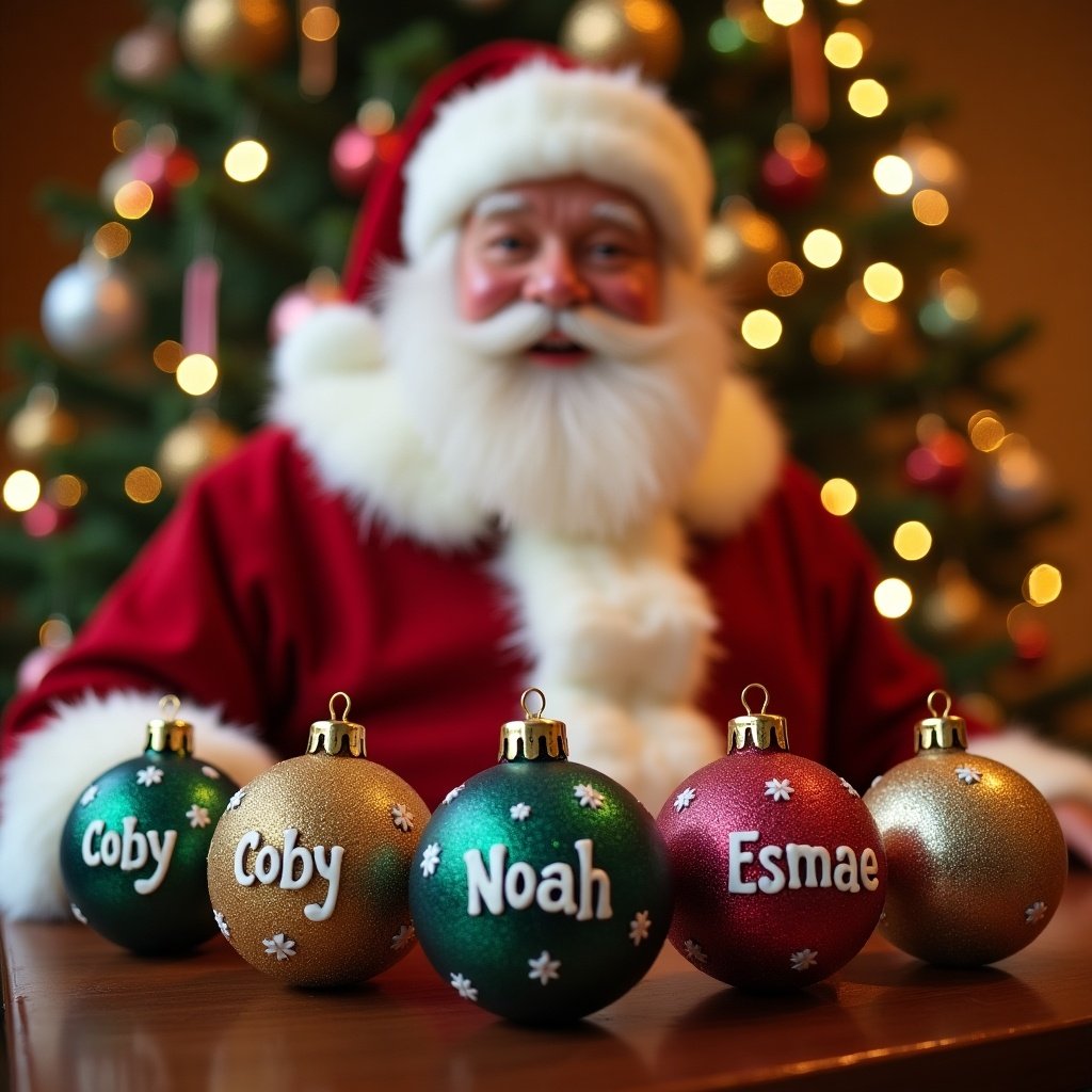 The image showcases Father Christmas seated in front of a beautifully decorated Christmas tree. In front of him are colorful baubles featuring the names 'Coby', 'Noah', and 'Esmae'. The baubles are predominantly green and red with gold accents. The soft lighting highlights the festive environment, evoking a warm and joyful holiday spirit. The decorations around him add to the charming holiday ambiance, making it perfect for seasonal celebrations.