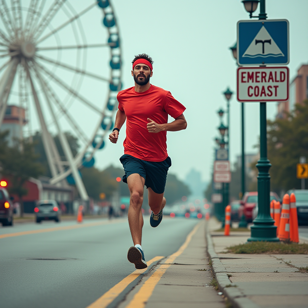 A man in a red shirt runs energetically down a city street, with a large Ferris wheel in the background and a sign reading 'Emerald Coast' beside him.