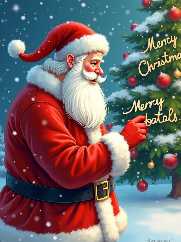 Detailed illustration of Santa Claus in red suit. Santa writes Merry Christmas in the snow. A beautiful decorated tree is in the background. Snowflakes fall gently. Scene conveys warmth and joy of holiday season.