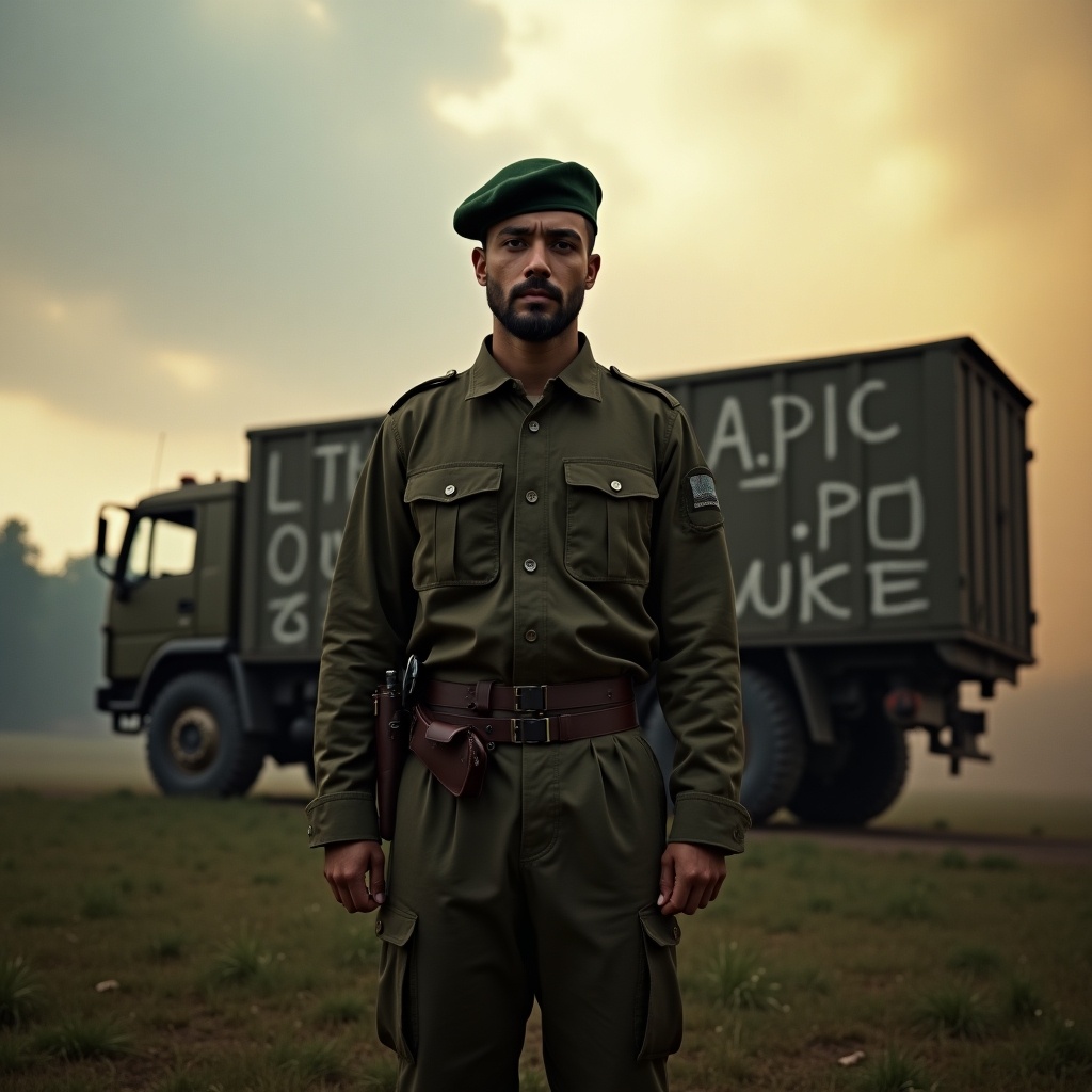 Man in military attire with a beret stands on grass. Background shows a large military vehicle and a smoky scene. The atmosphere is tense and dramatic with cloudy skies. Fiery light illuminates the scene.