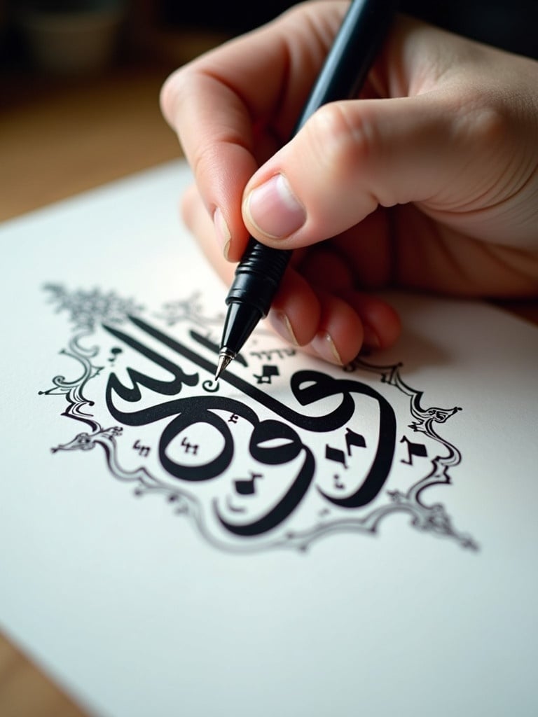 Close-up view of hand using pen to write Arabic calligraphy. Bold black ink on white paper. Designs surround the main calligraphy. Soft lighting enhances the strokes. Alekya to be written.