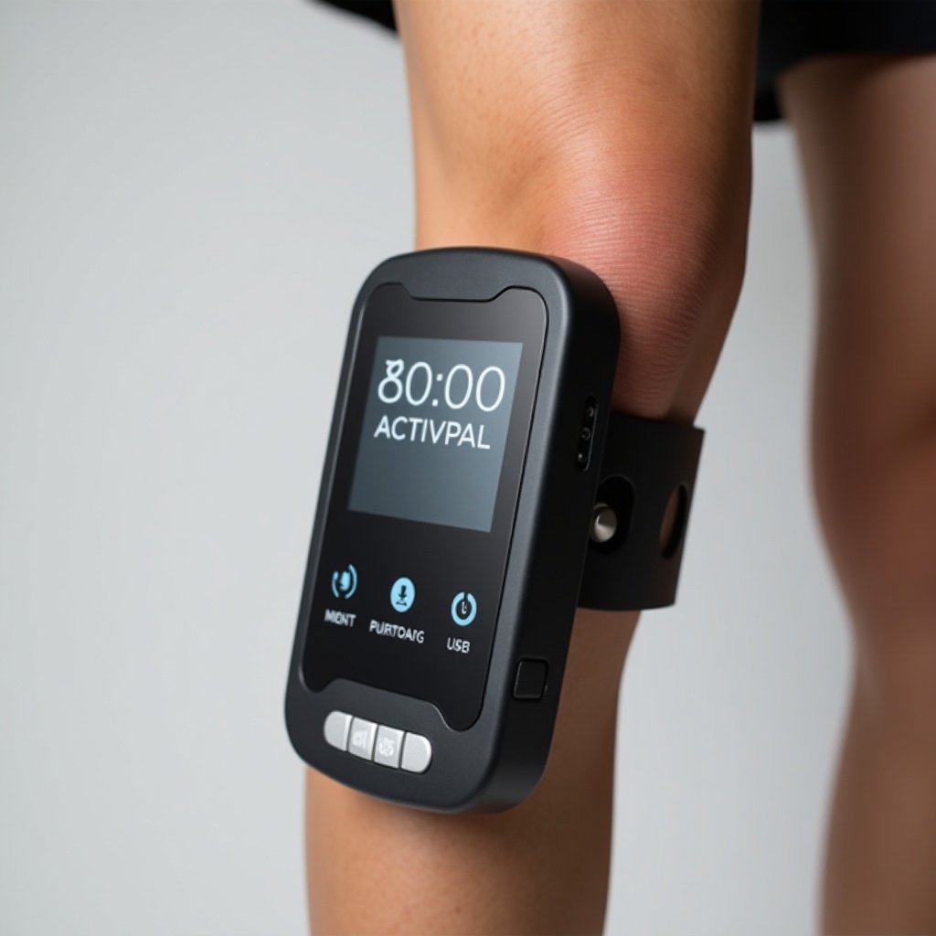 Image of an activPAL mounted on a leg. The device displays time and connectivity options.