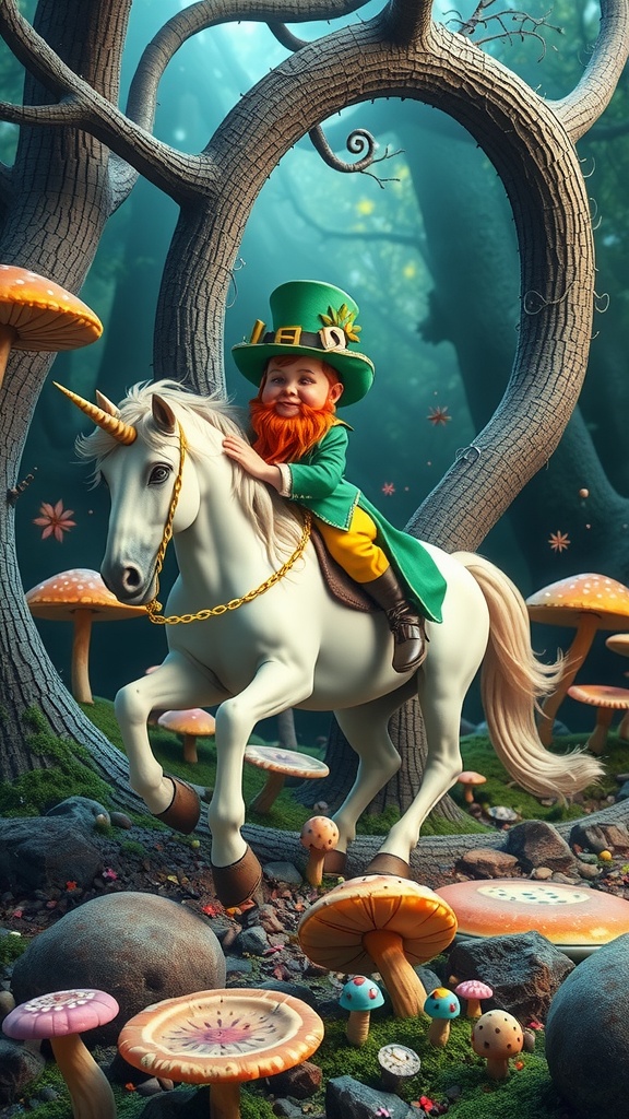 In a whimsical forest scene, a leprechaun child with a bright green hat and a red beard is joyously riding a white unicorn. The surroundings are enchanting, with large, colorful mushrooms sprouting from a mossy forest floor, and twisted tree trunks forming arches around the path. The light filtering through the green canopy creates a magical, ethereal atmosphere.