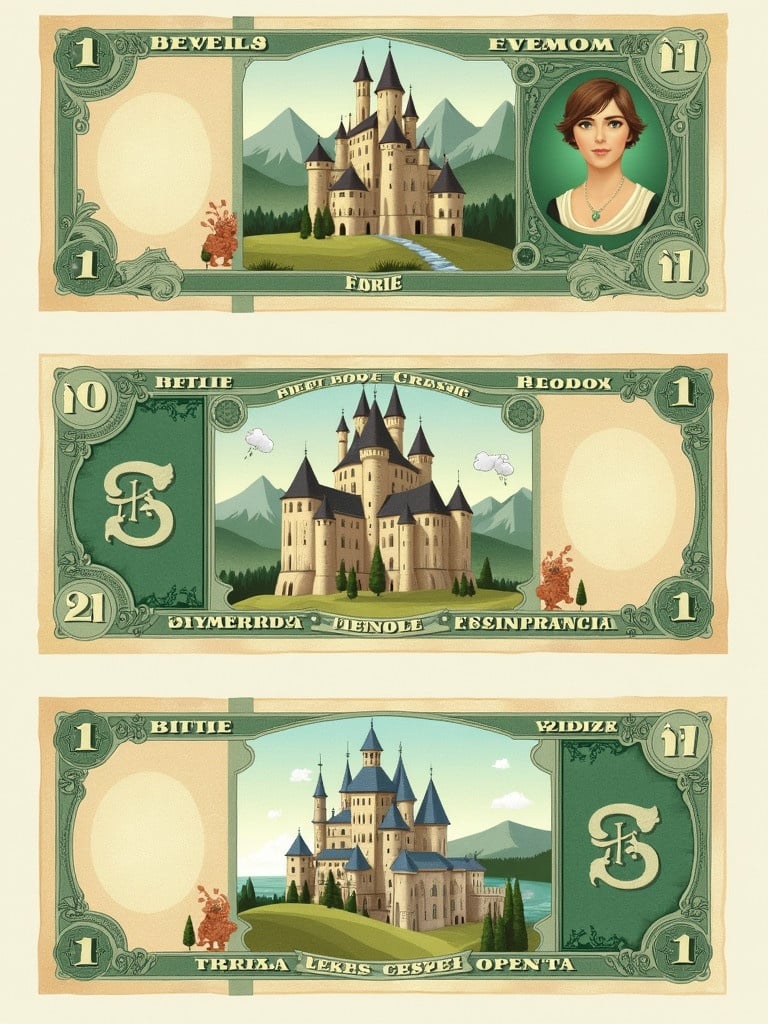 This image shows banknote designs with castle illustrations. The notes have different numbers. The color palette is green and beige. The notes have vintage-style art. The designs include fantasy-themed elements. Ideal for collectors and art lovers.