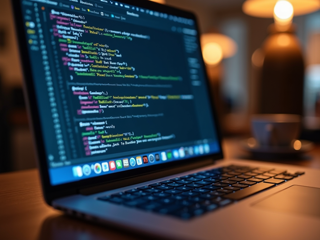 A close-up of a laptop displaying colorful code, set against the warm, blurred background of a cozy room with soft lighting and a cup of coffee.