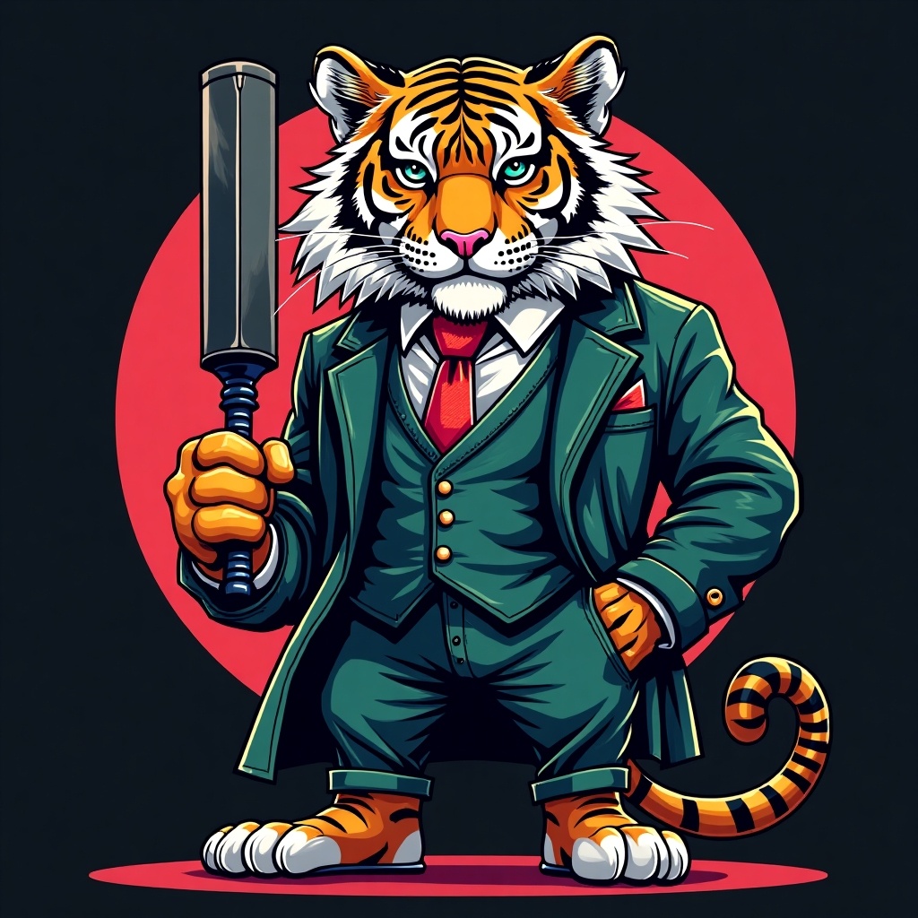 Logo design for TikTok channel Cortex Riot. Dressed anthropomorphic tiger in office attire. Holding bat confidently. Rich colors with intricate patterns. Combines wildlife with stylish fashion.