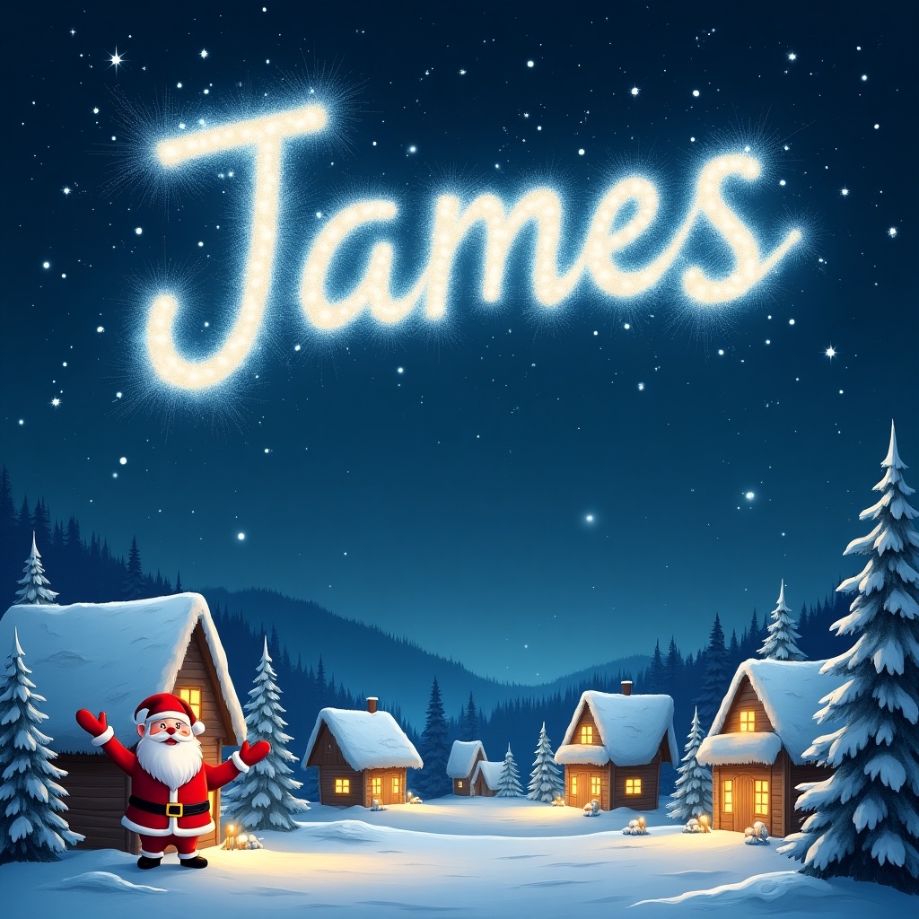 The image depicts a snowy village during the night, with a bright starry sky. In the sky, the name 'James' is beautifully written in sparkling light. To the left, Santa Claus stands cheerfully with outstretched arms. The village features cozy, illuminated houses lined with snow-covered rooftops. Evergreen trees dot the landscape, adding to the wintry charm. This scene captures the joyful spirit of Christmas and personalization, making it perfect for holiday greetings.