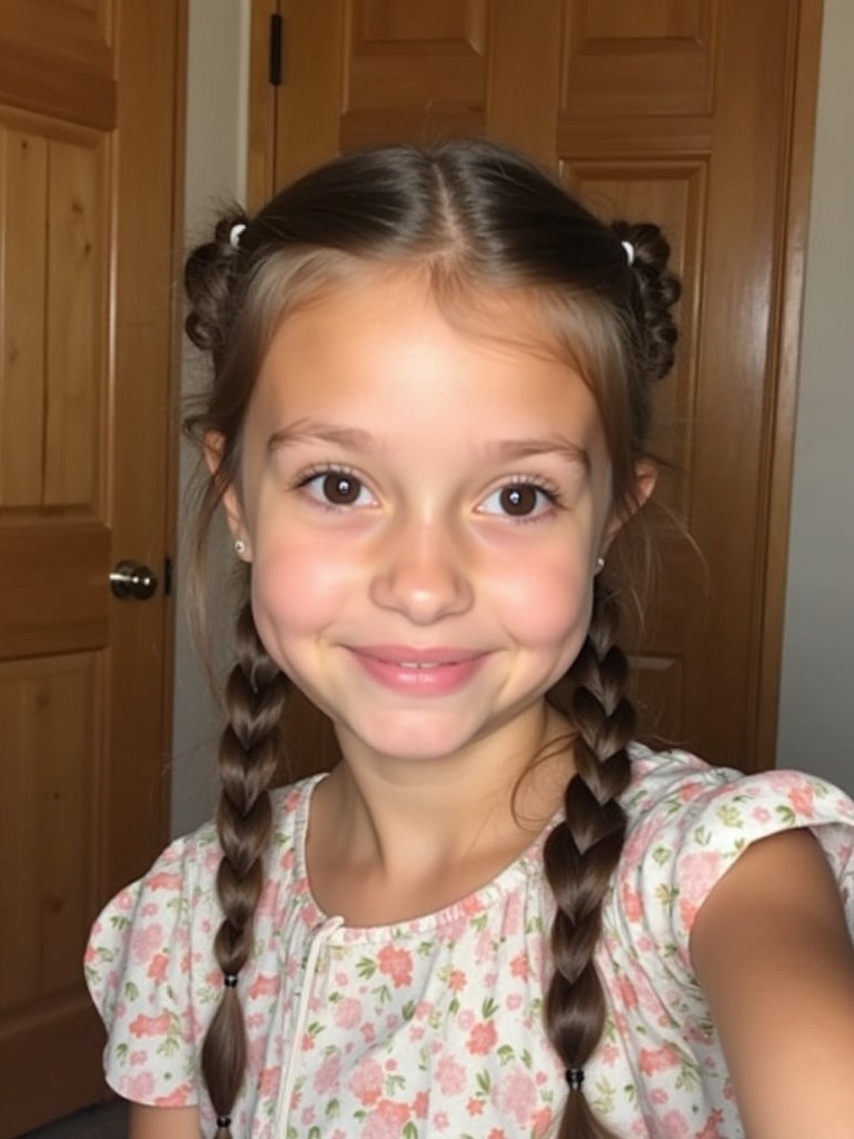 A young person takes a selfie. Braided hair styled playfully. Wearing a light floral dress. Cozy indoor setting with a wooden door in the background. Looking directly at the camera with a gentle smile.